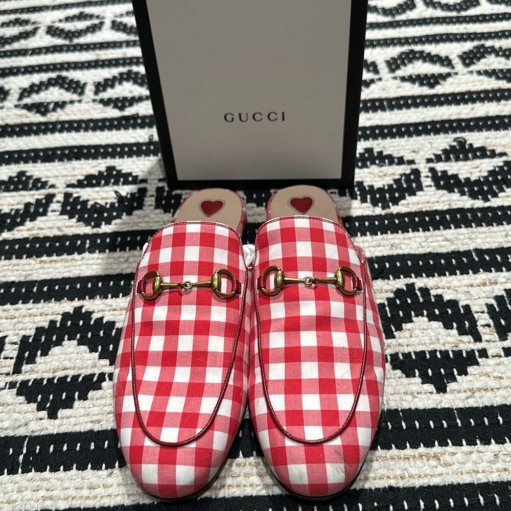 GUCCI Red& White Plaid Fabric Princetown Loafers -